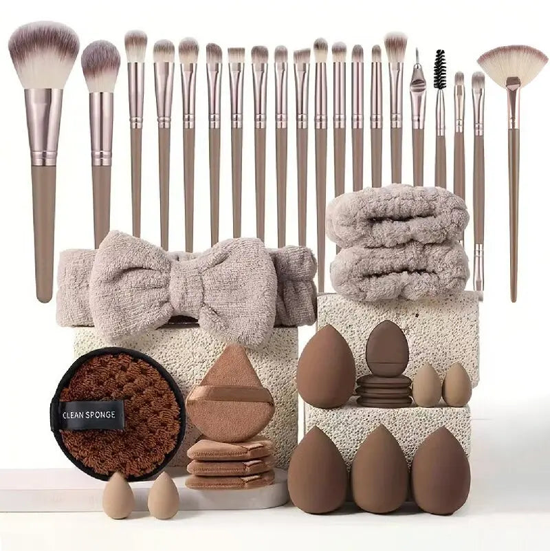 56-Piece Make up Brush Set (chocolate)- Full Face Cosmetics Kit , Eyeshadow Blending Brushes &amp; Beauty Sponge  make up brushes